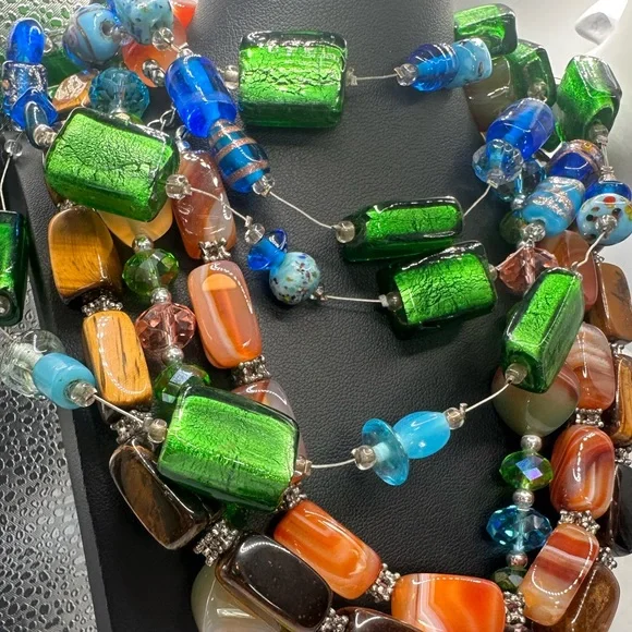 Festival Art Glass Bead Necklace Lot 7pc Boho Summer Colorful Statement Bundle - Picture 7 of 8